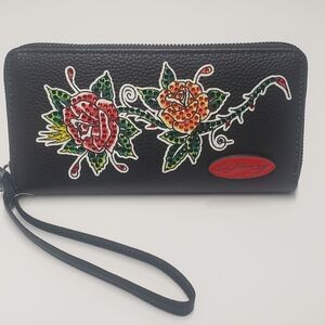 NWT Ed Hardy Black Wallet Wristlet Rhinestone Roses Zip Around Logo